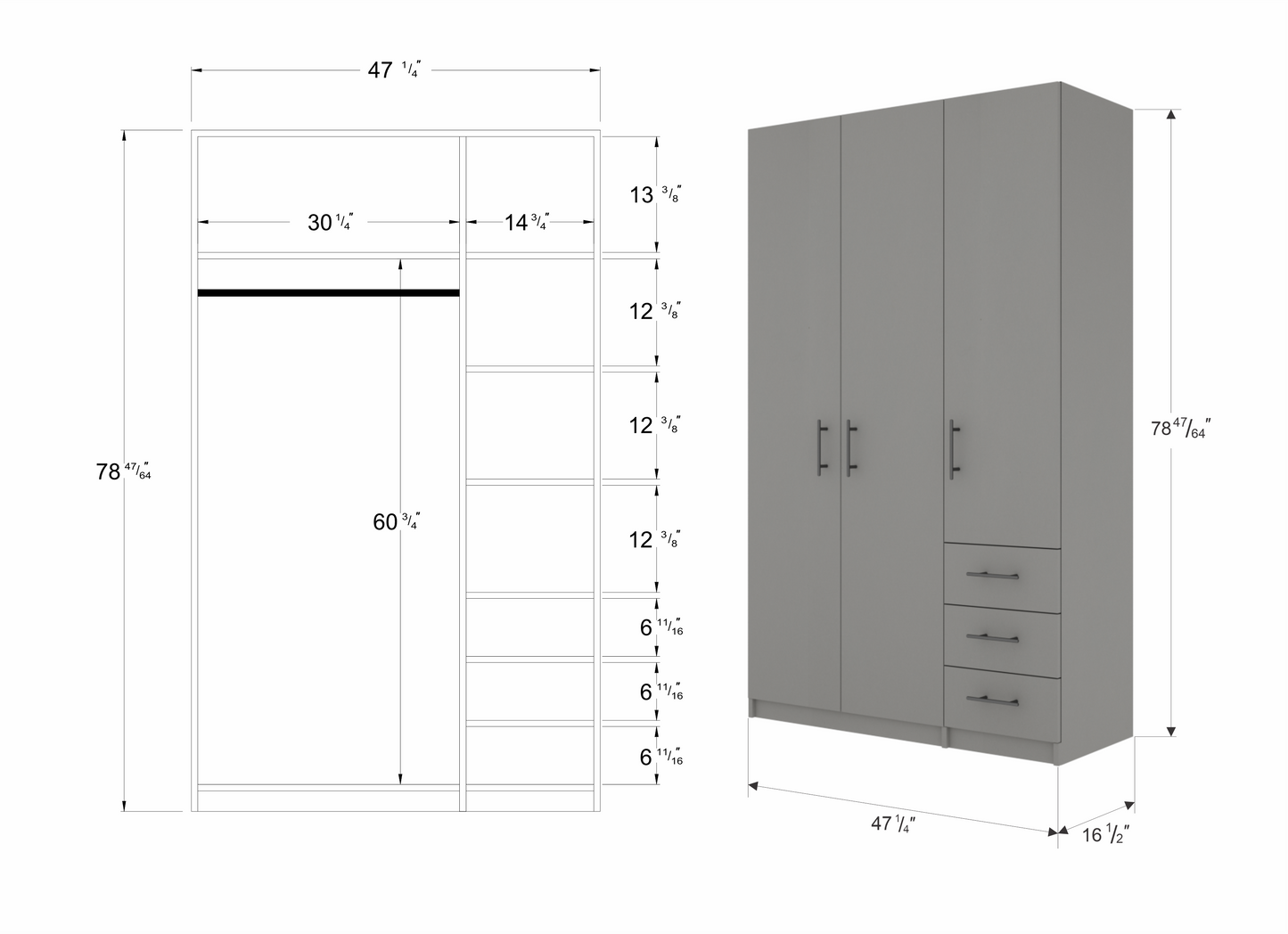 Wardrobe with 3 doors and 3 drawers