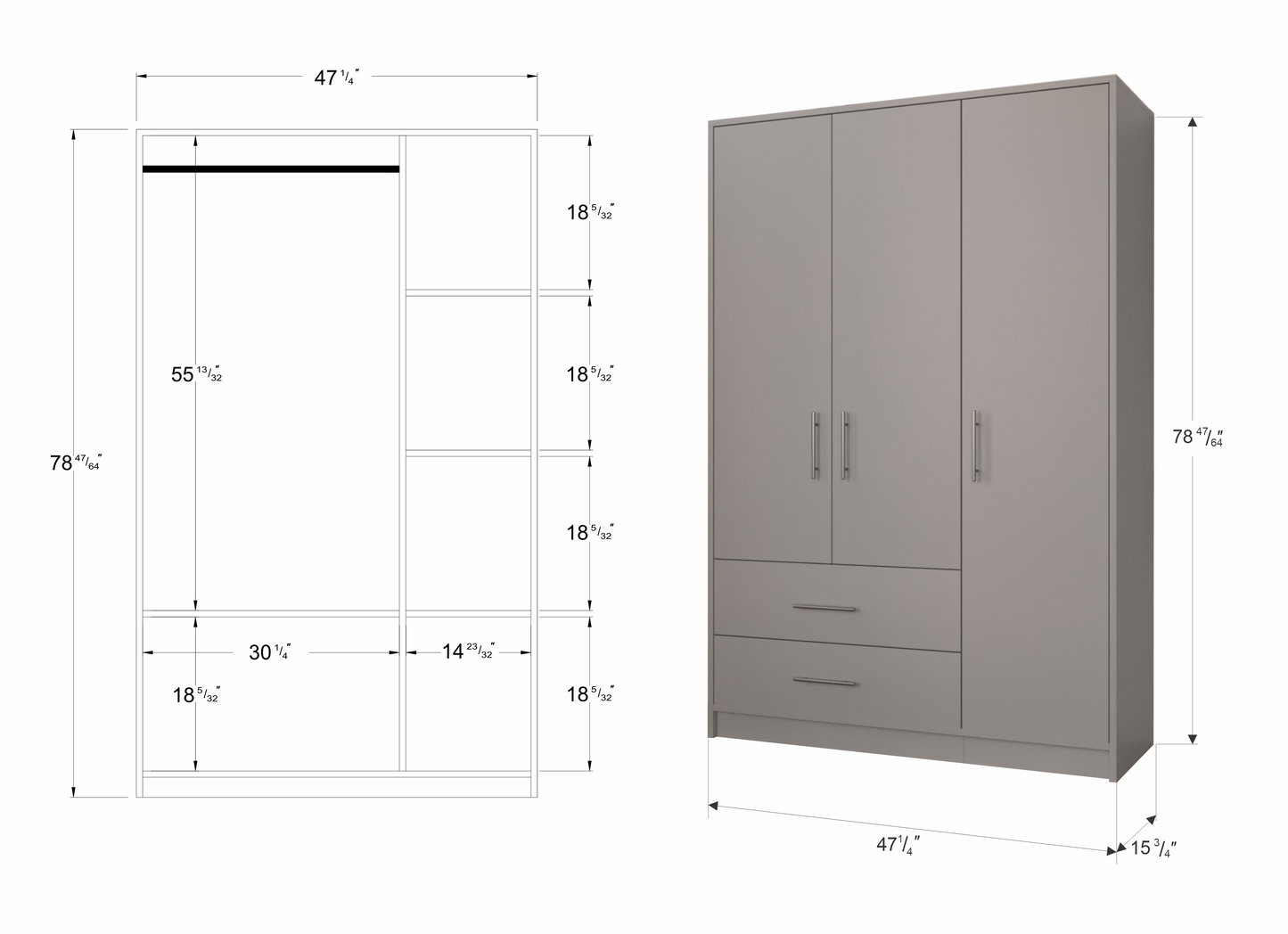 Wardrobe with 3 doors and 2 drawers